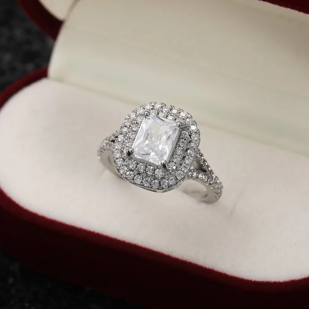 🌸DOUBLE LAYER 14K WHITE GOLD RADIANT CUT PURE CZ LUXURY WEDDING RING, K856_5
